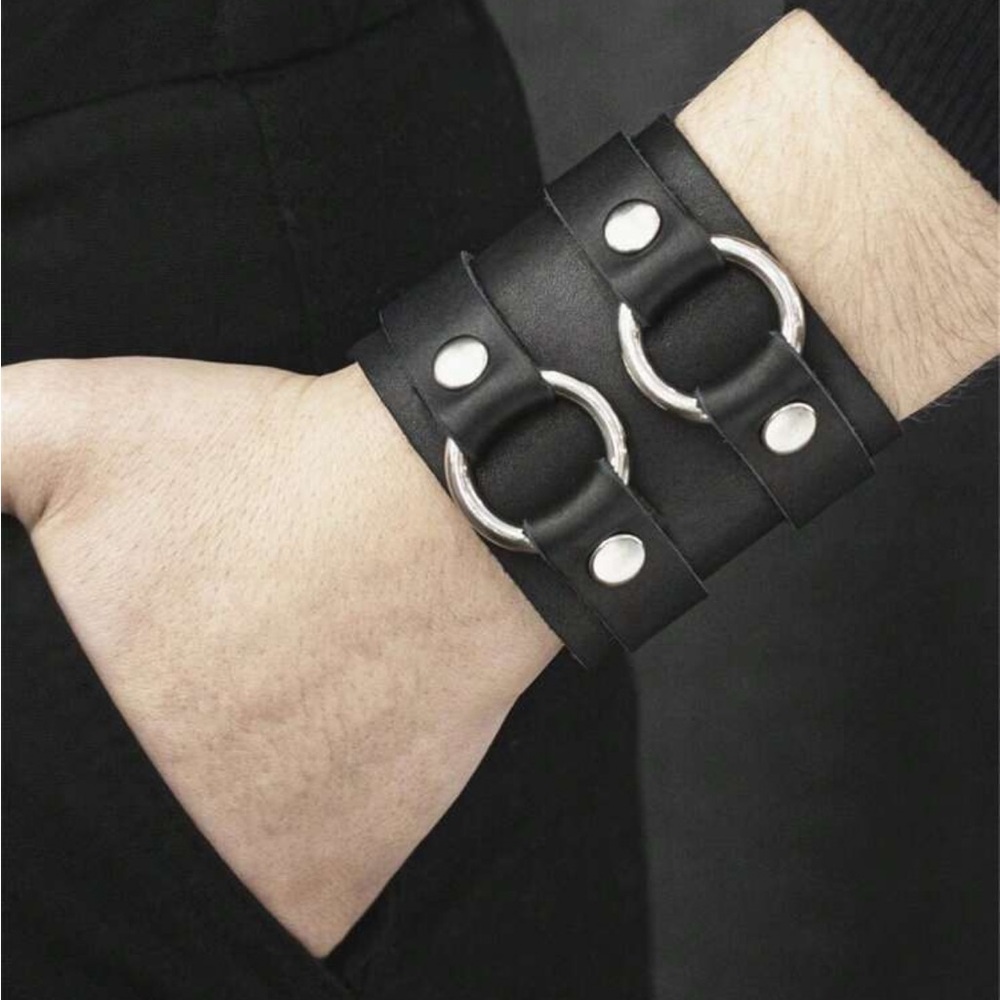 Black Leather Bracelet with Silver Accents New